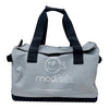 Gray duffel bag with black handles and 'madfish' logo on a white background