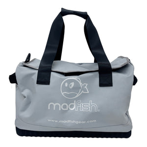 Gray duffel bag with black handles and 'madfish' logo on a white background